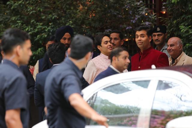 Filmmaker Karan Johar and Anant Ambani during Akash Ambani and Shloka Mehta party at Antilia in Mumbai on June 28, 2018. (IANS)