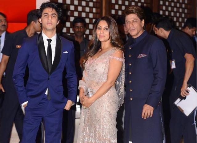 Aryan Khan with parents Shah Rukh and Gauri Khan at Akash Ambani-Shloka Mehta engagement. (Viral Bhayani)