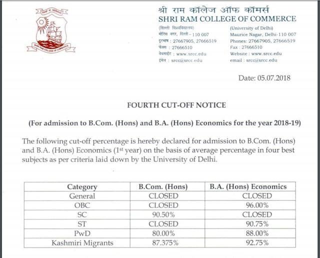 DU cut offs 2018 highlights Fourth list released includes SRCC