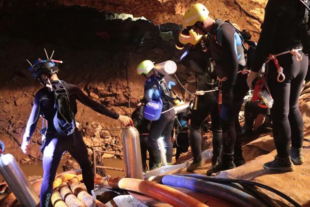 A group of Thai Navy divers in Tham Luang cave during rescue operations. (AFP) A group of Thai Navy divers in Tham Luang cave during rescue operations. (AFP)