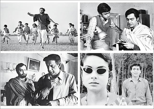 Stills from Soumitra Chatterjee’s movies (clockwise) Heerak Rajar Deshe, Sonar Kella, Kapurush and Ghare-Bhaire (behind the scenes) Stills from Soumitra Chatterjee’s movies (clockwise) Heerak Rajar Deshe, Sonar Kella, Kapurush and Ghare-Bhaire (behind the scenes)