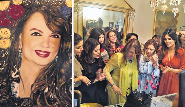 (LtoR) The portrait gifted by Bina Aziz; Zarine Khan with friends and family at her birthday party. (LtoR) The portrait gifted by Bina Aziz; Zarine Khan with friends and family at her birthday party.