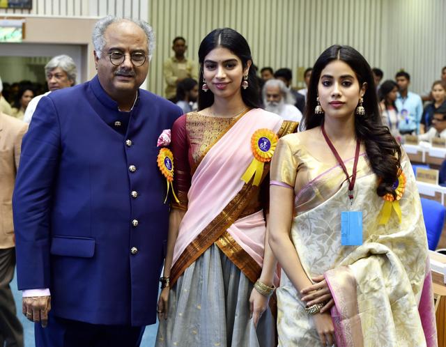 Film producer Boney Kapoor and his daughters Janhvi and Khushi, during the 65th National Film Awards function at Vigyan Bhavan in New Delhi on Thursday. The family received Best Actress Award on behalf of actress Sridevi. (PTI) Film producer Boney Kapoor and his daughters Janhvi and Khushi, during the 65th National Film Awards function at Vigyan Bhavan in New Delhi on Thursday. The family received Best Actress Award on behalf of actress Sridevi. (PTI)