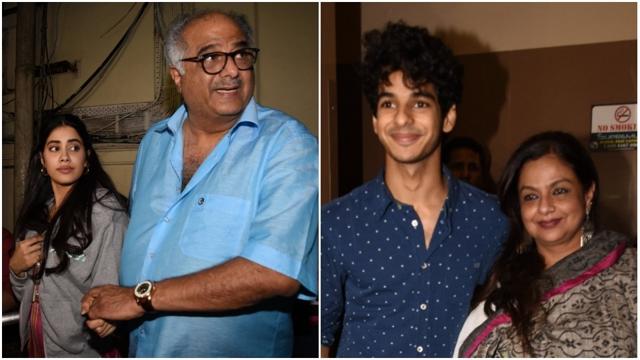 Janhvi Kapoor with her father Boney Kapoor and Ishaan Khatter with his mother Neelima Azim. (Viral Bhayani) Janhvi Kapoor with her father Boney Kapoor and Ishaan Khatter with his mother Neelima Azim. (Viral Bhayani)