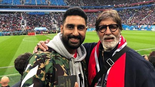 Amitabh Bachchan with son Abhishek Bachchan at a World Cup match in Russia.