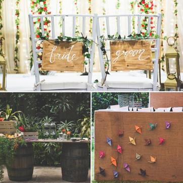 Reused wooden boards as bride & groom signs; completely eco-friendly snack table decor; and table decor with jute and origami birds. (Photo: Instagram/Withlovenilma) Reused wooden boards as bride & groom signs; completely eco-friendly snack table decor; and table decor with jute and origami birds. (Photo: Instagram/Withlovenilma)