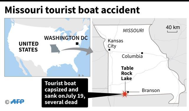 Map of Missouri locating Table Rock Lake, where a tourist boat capsized on July 19. (AFP) Map of Missouri locating Table Rock Lake, where a tourist boat capsized on July 19. (AFP)