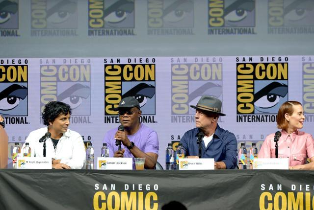 M. Night Shyamalan, Samuel L. Jackson, Bruce Willis, and Sarah Paulson speak onstage at Universal Pictures' Glass and Halloween panels during Comic-Con International 2018 at San Diego Convention Center on July 20. (AFP) M. Night Shyamalan, Samuel L. Jackson, Bruce Willis, and Sarah Paulson speak onstage at Universal Pictures' Glass and Halloween panels during Comic-Con International 2018 at San Diego Convention Center on July 20. (AFP)