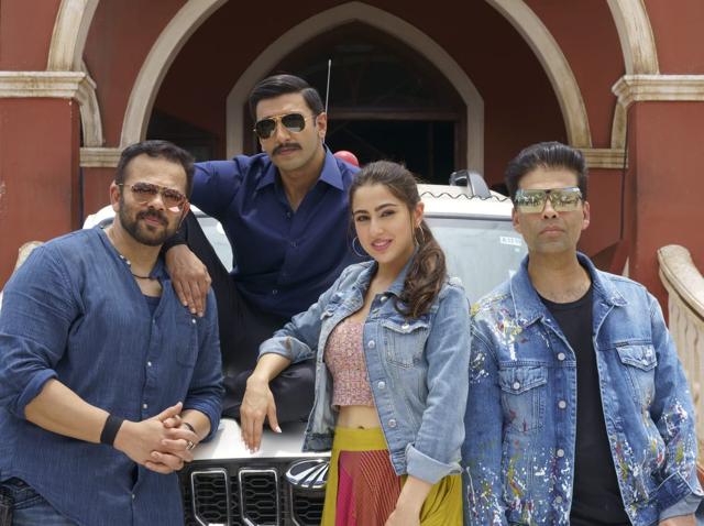 Simmba team comprising Ranveer Singh, Rohit Shetty, Sara Ali Khan and Karan Johar pose together. Simmba team comprising Ranveer Singh, Rohit Shetty, Sara Ali Khan and Karan Johar pose together.