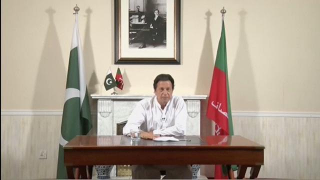Cricket star-turned-politician Imran Khan, chairman of Pakistan Tehreek-e-Insaf (PTI), gives a speech as he declares victory in the general election in Islamabad, Pakistan. (Reuters via PTI Handout)