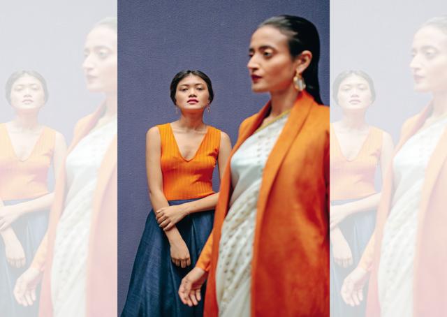 (Left) Lehenga, Anju Modi; bodysuit, Zara; jewellery, Amrapali. (Right) Sari, Anju Modi; coat, Zara; jewellery, Amrapali (Farhan Hussain) (Left) Lehenga, Anju Modi; bodysuit, Zara; jewellery, Amrapali. (Right) Sari, Anju Modi; coat, Zara; jewellery, Amrapali (Farhan Hussain)
