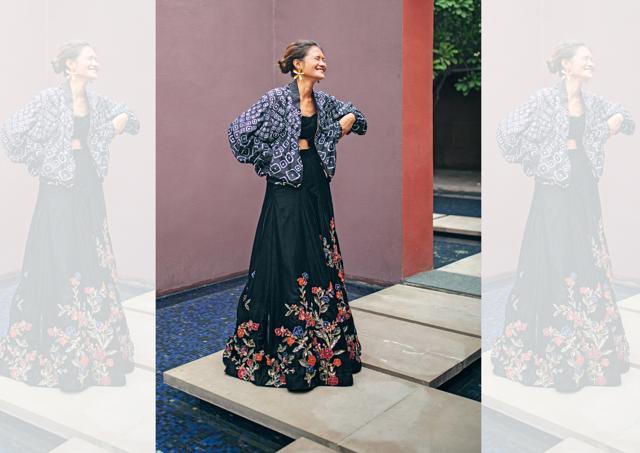 Lehenga and blouse, Shyamal & Bhumika; bomber jacket, NorBlack NorWhite; jewellery, Amrapali (Farhan Hussain) Lehenga and blouse, Shyamal & Bhumika; bomber jacket, NorBlack NorWhite; jewellery, Amrapali (Farhan Hussain)