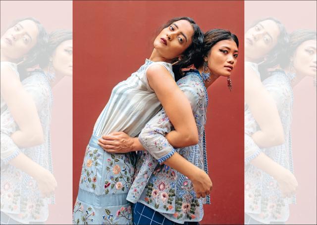 (Left) Lehenga, Rahul Mishra; tunic, Three; jewellery, Amrapali. (Right) Blouse, Rahul Mishra; tunic, overlay and bottoms, Three; jewellery, Amrapali (Farhan Hussain) (Left) Lehenga, Rahul Mishra; tunic, Three; jewellery, Amrapali. (Right) Blouse, Rahul Mishra; tunic, overlay and bottoms, Three; jewellery, Amrapali (Farhan Hussain)