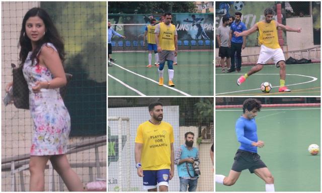 Bollywood actors Abhishek Bachchan, Ishan Khatter and Jimmy Sarbh play a football with Mahendra Singh Dhoni as his wife Sakshi was a spectator. Bollywood actors Abhishek Bachchan, Ishan Khatter and Jimmy Sarbh play a football with Mahendra Singh Dhoni as his wife Sakshi was a spectator.
