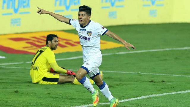 Anirudh Thapa celebrates after scoring for Chennaiyin FC against FC Goa in ISL 2017-18. (ISL / SPORTZPICS)