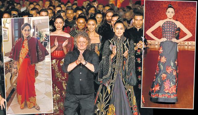 (LtoR) Neera Nath at the Rohit Bal show; the designer with his creations; a model wearing one of his designs. (LtoR) Neera Nath at the Rohit Bal show; the designer with his creations; a model wearing one of his designs.