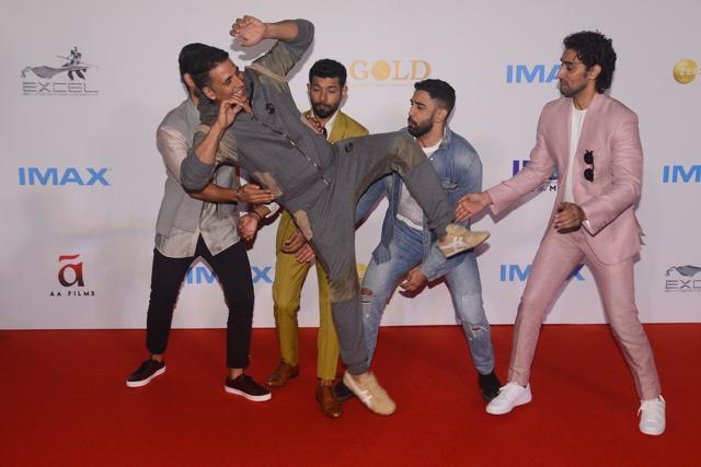 Gold trailer launch—boys have some fun with their onscreen coach, Akshay Kumar. Gold trailer launch—boys have some fun with their onscreen coach, Akshay Kumar.