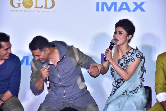 Mouni Roy and Akshay Kumar, who play a married couple in the film, share a light moment at the trailer launch. Mouni Roy and Akshay Kumar, who play a married couple in the film, share a light moment at the trailer launch.