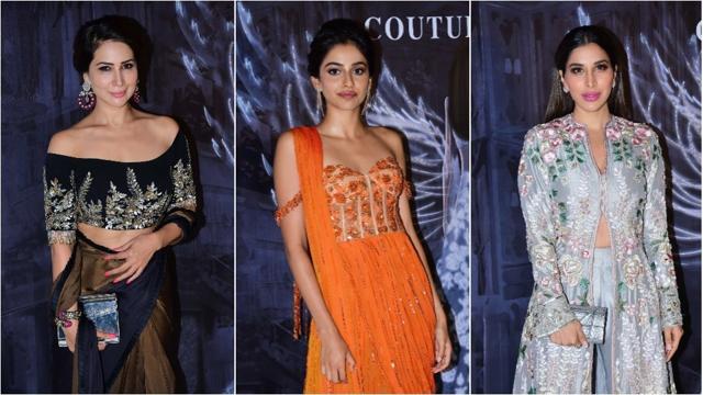 Kim Shama, Banita Sandhu and Sophie Choudry at Manish Malhotra’s show. (Viral Bhayani) Kim Shama, Banita Sandhu and Sophie Choudry at Manish Malhotra’s show. (Viral Bhayani)