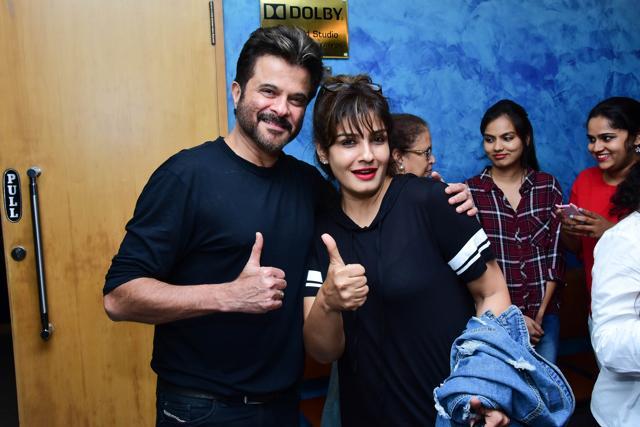 Anil and Raveena Tandon flash the thumbs up sign. Anil and Raveena Tandon flash the thumbs up sign.