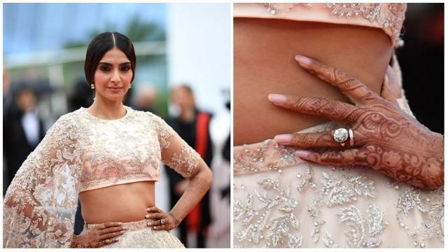 Sonam Kapoor wearing her engagement ring.