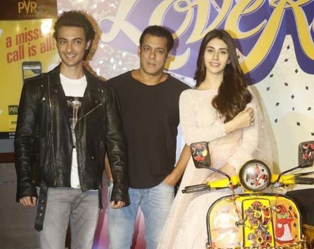 Salman Khan with Loveratri pair Aayush Sharma and Warina Hussain at the trailer launch.
