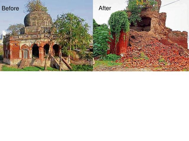 Mirza Ali Khan’s mausoleum came tumbling down on Sunday. Mirza Ali Khan’s mausoleum came tumbling down on Sunday.