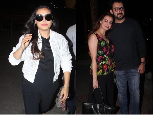 Rani Mukerji and Dia Mirza (with husband Sahil Sangha) at the airport. (Viral Bhayani) Rani Mukerji and Dia Mirza (with husband Sahil Sangha) at the airport. (Viral Bhayani)