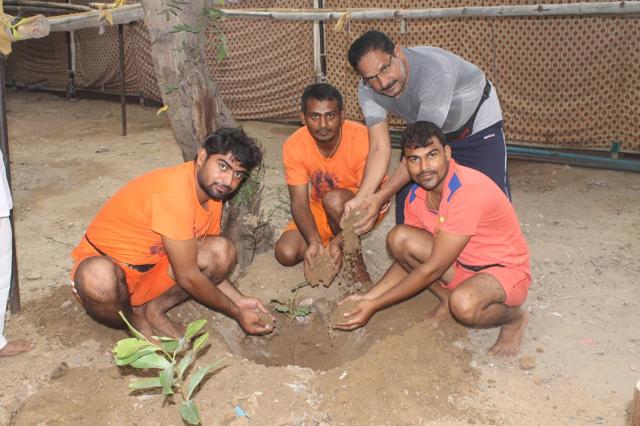 Kanwariyas plant saplings near a Kanwar Shivir in Gurugram. (HT Photo ) Kanwariyas plant saplings near a Kanwar Shivir in Gurugram. (HT Photo )