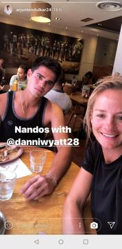 Arjun Tendulkar (L) with Danielle Wyatt. (Instagram Story Screengrab) Arjun Tendulkar (L) with Danielle Wyatt. (Instagram Story Screengrab)