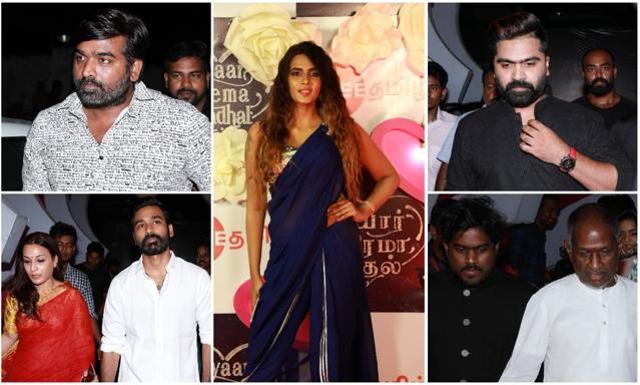 Kollywood A-listers Vijay Sethupathi, Simbu, Dhanush with wife Aishwarya) and Ilaiyaraaja (with his son Yuvan Shankar Raja) at PPK audio launch. Kollywood A-listers Vijay Sethupathi, Simbu, Dhanush with wife Aishwarya) and Ilaiyaraaja (with his son Yuvan Shankar Raja) at PPK audio launch.
