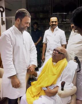 File photo of late DMK chief M Karunanidhi (R) with Congress leader Rahul Gandhi in Chennai. (PTI)