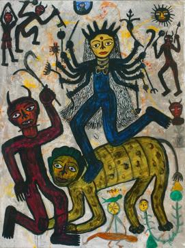 An untitled painting featuring Durga (2006) shows the influence of Kolkata in the artist’s work. An untitled painting featuring Durga (2006) shows the influence of Kolkata in the artist’s work.