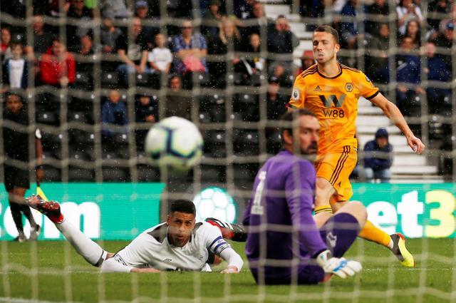 Wolves' Diogo Jota scores their first goal against Derby County. (REUTERS) Wolves' Diogo Jota scores their first goal against Derby County. (REUTERS)