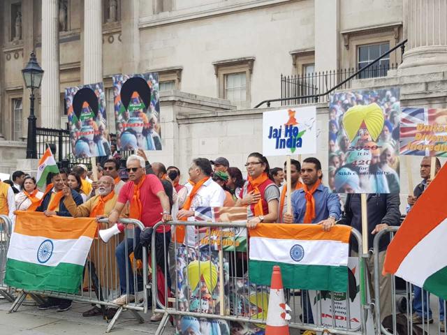 The pro-India group included members of the Overseas Friends of BJP, whose president Kuldeep Shekhawat claimed that allowing the event betrayed Britain’s “hidden agenda” to support Khalistan and Pakistan. (HT Photo) The pro-India group included members of the Overseas Friends of BJP, whose president Kuldeep Shekhawat claimed that allowing the event betrayed Britain’s “hidden agenda” to support Khalistan and Pakistan. (HT Photo)