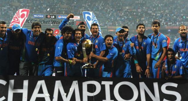 Indian cricketers pose with the trophy after victory in the Cricket World Cup 2011 final over Sri Lanka at The Wankhede Stadium in Mumbai on April 2, 2011. India beat Sri Lanka by six wickets. (INDRANIL MUKHERJEE/AFP/Getty Images) Indian cricketers pose with the trophy after victory in the Cricket World Cup 2011 final over Sri Lanka at The Wankhede Stadium in Mumbai on April 2, 2011. India beat Sri Lanka by six wickets. (INDRANIL MUKHERJEE/AFP/Getty Images)