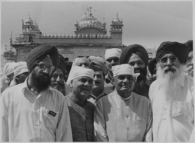 April 27, 1998: Former Prime Minister Atal Bihari Vajpayee, Madan Lal Khurana and former Punjab chief minister Parkash Singh Badal at Golden Temple Amritsar. (HT Photo) April 27, 1998: Former Prime Minister Atal Bihari Vajpayee, Madan Lal Khurana and former Punjab chief minister Parkash Singh Badal at Golden Temple Amritsar. (HT Photo)
