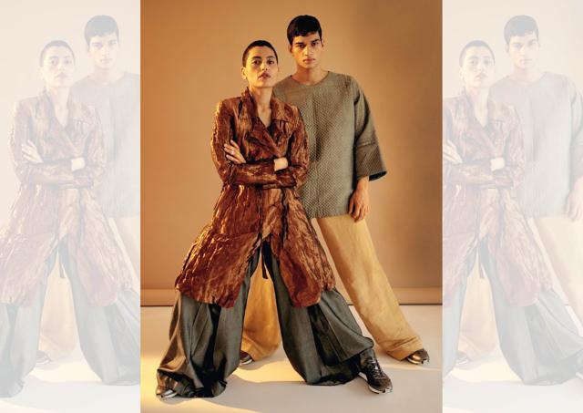 (On him) Quilted top and pants, Akaaro; shoes, Onitsuka Tiger; (On her) Trench coat, Rajesh Pratap Singh; trousers, Akaaro; shoes, Onitsuka Tiger; ring, Varnika Arora (Farhan Hussain) (On him) Quilted top and pants, Akaaro; shoes, Onitsuka Tiger; (On her) Trench coat, Rajesh Pratap Singh; trousers, Akaaro; shoes, Onitsuka Tiger; ring, Varnika Arora (Farhan Hussain)
