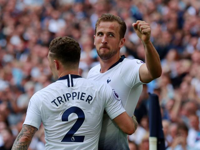 Tottenham Hotspur's Harry Kane celebrates with Kieran Trippier after scoring their third goal. (REUTERS) Tottenham Hotspur's Harry Kane celebrates with Kieran Trippier after scoring their third goal. (REUTERS)
