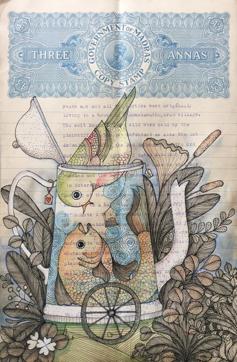 An artwork titled Getting To The Bottom on a stamp paper. An artwork titled Getting To The Bottom on a stamp paper.