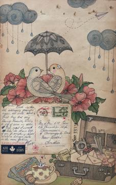 A painting titled Let’s Wander includes an old postcard. A painting titled Let’s Wander includes an old postcard.