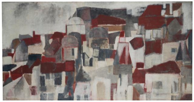 Rooftops by Akbar Padamsee (1959) represents the artist’s progression towards eliminating colour from his work. Rooftops by Akbar Padamsee (1959) represents the artist’s progression towards eliminating colour from his work.