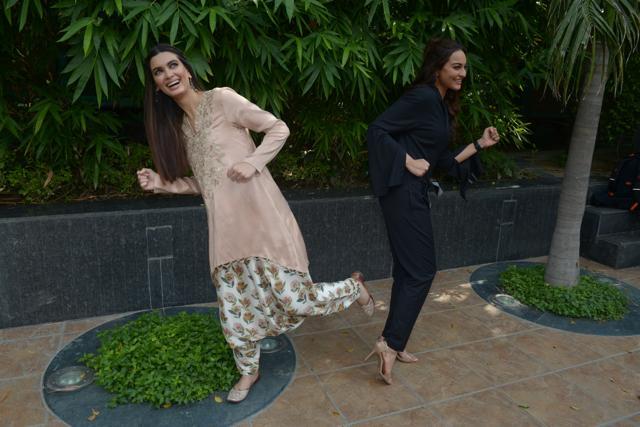 Sonakshi Sinha and Diana Penty at Happy Phirr Bhag Jayegi promotions in Delhi on Wednesday.
