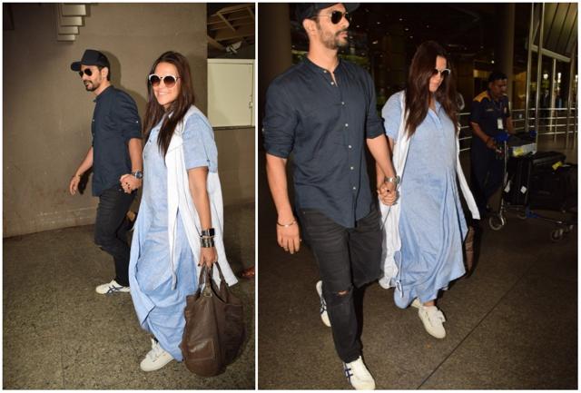 Angad Bedi and Neha Dhupia spotted at the Mumbai airport. (Manav Manglani)