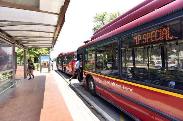 Some special red-coloured AC buses were organised to run on Delhi roads for MPs, during the odd-even phase. (PHOTO: Arun Sharma/HT) Some special red-coloured AC buses were organised to run on Delhi roads for MPs, during the odd-even phase. (PHOTO: Arun Sharma/HT)