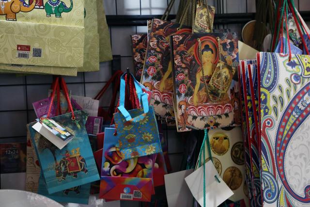 Designer paper bags — available in different sizes — are perfect options to carry any gift. Price: 
₹50 to 150; Stall: H7B-8B. (PHOTO: AMAL KS/HT)