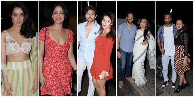 Shraddha Kapoor, Yami Gautam, Gurmeet Choudhary and his wife Debina Bonnerjee, Kabir Khan and his wife Mini Mathur, Vicky Kaushal and Taapsee Pannu at Stree screening. Shraddha Kapoor, Yami Gautam, Gurmeet Choudhary and his wife Debina Bonnerjee, Kabir Khan and his wife Mini Mathur, Vicky Kaushal and Taapsee Pannu at Stree screening.