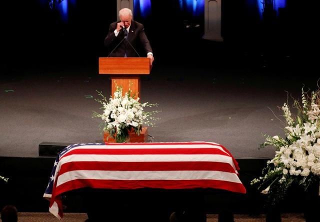 Former Vice President Joe Biden wipes a tear while giving a tribute during memorial service for Senator John McCain at North Phoenix Baptist Church, Phoenix, Arizona, U.S., August 30, 2018. (REUTERS) Former Vice President Joe Biden wipes a tear while giving a tribute during memorial service for Senator John McCain at North Phoenix Baptist Church, Phoenix, Arizona, U.S., August 30, 2018. (REUTERS)