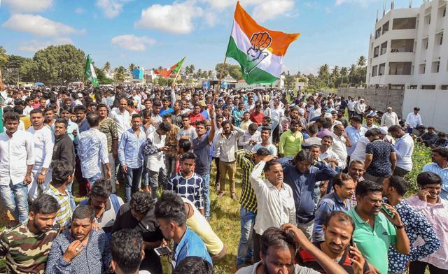 Congress party workers celebrate their win in Karnataka Urban Local Body Election 2018, in Mysuru. (PTI Photo) Congress party workers celebrate their win in Karnataka Urban Local Body Election 2018, in Mysuru. (PTI Photo)