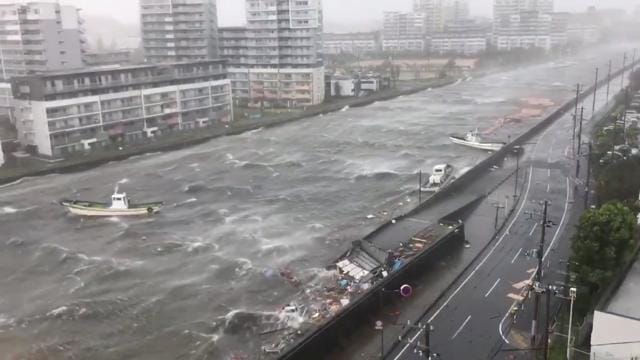 Boats float along with debris during Typhoon Jebi in Nishinomiya City, Hyogo Prefecture, in this still image taken from a video obtained from social media. (@R10N_SR via Reuters Photo) Boats float along with debris during Typhoon Jebi in Nishinomiya City, Hyogo Prefecture, in this still image taken from a video obtained from social media. (@R10N_SR via Reuters Photo)